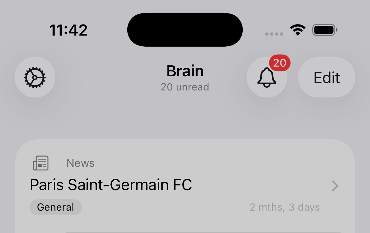 Brain Feed iOS app showing a personalized news feed